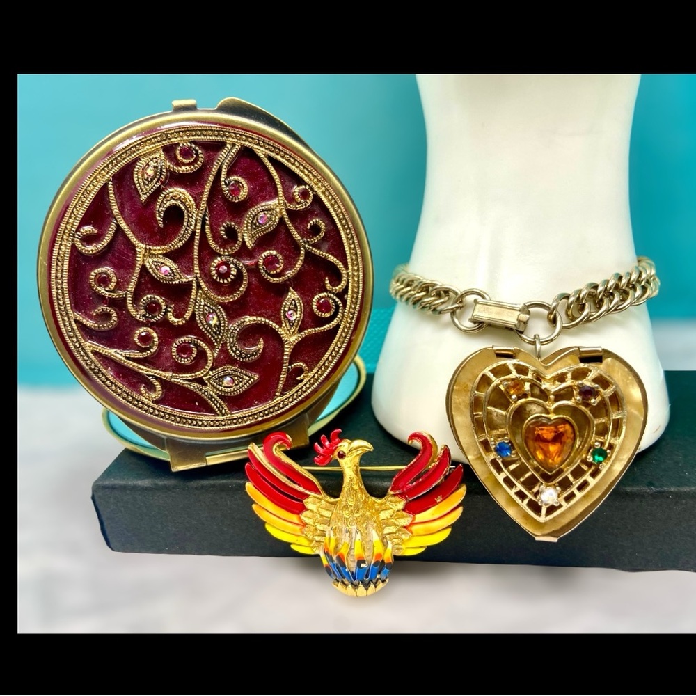 Vintage Jeweled Statement Set – Phoenix Brooch, Heart Locket Bracelet & Mirror